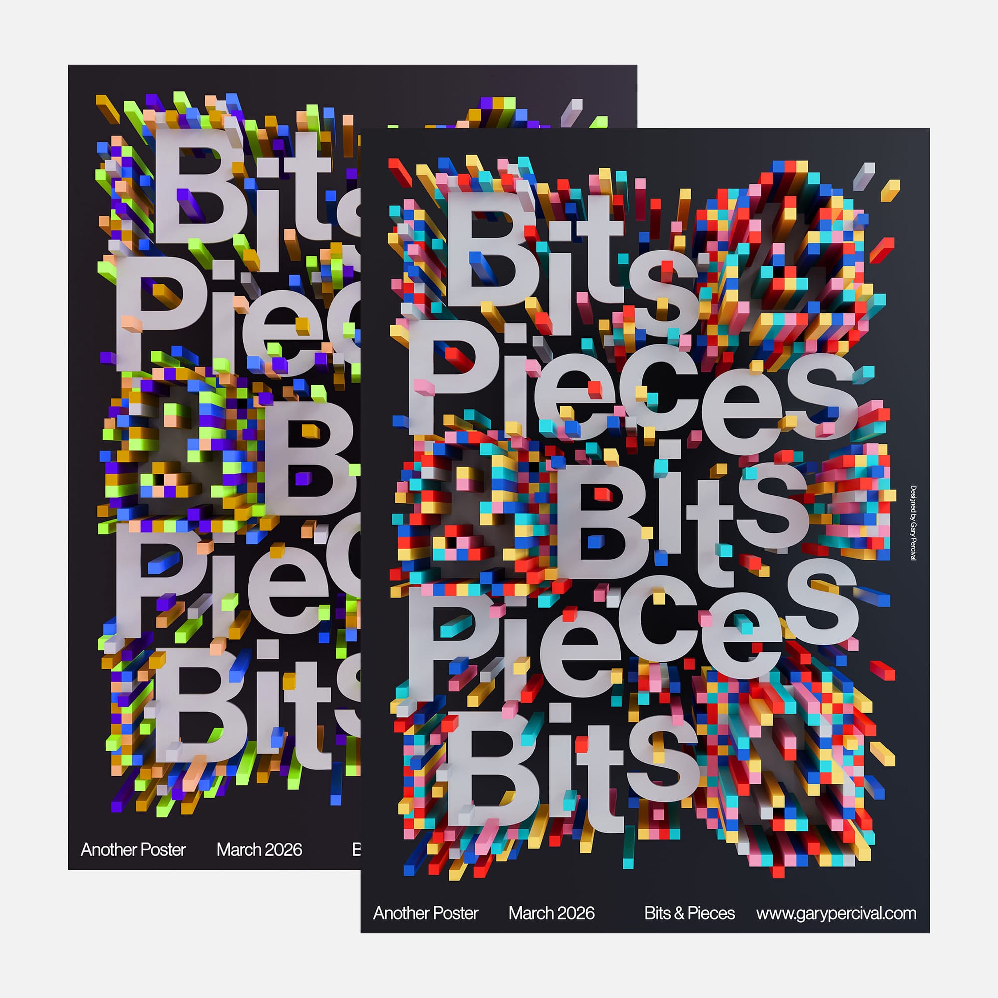 Two “Bits & Pieces” typographic posters shown in overlapping perspective, featuring grey letterforms surrounded by colourful voxel fragments.