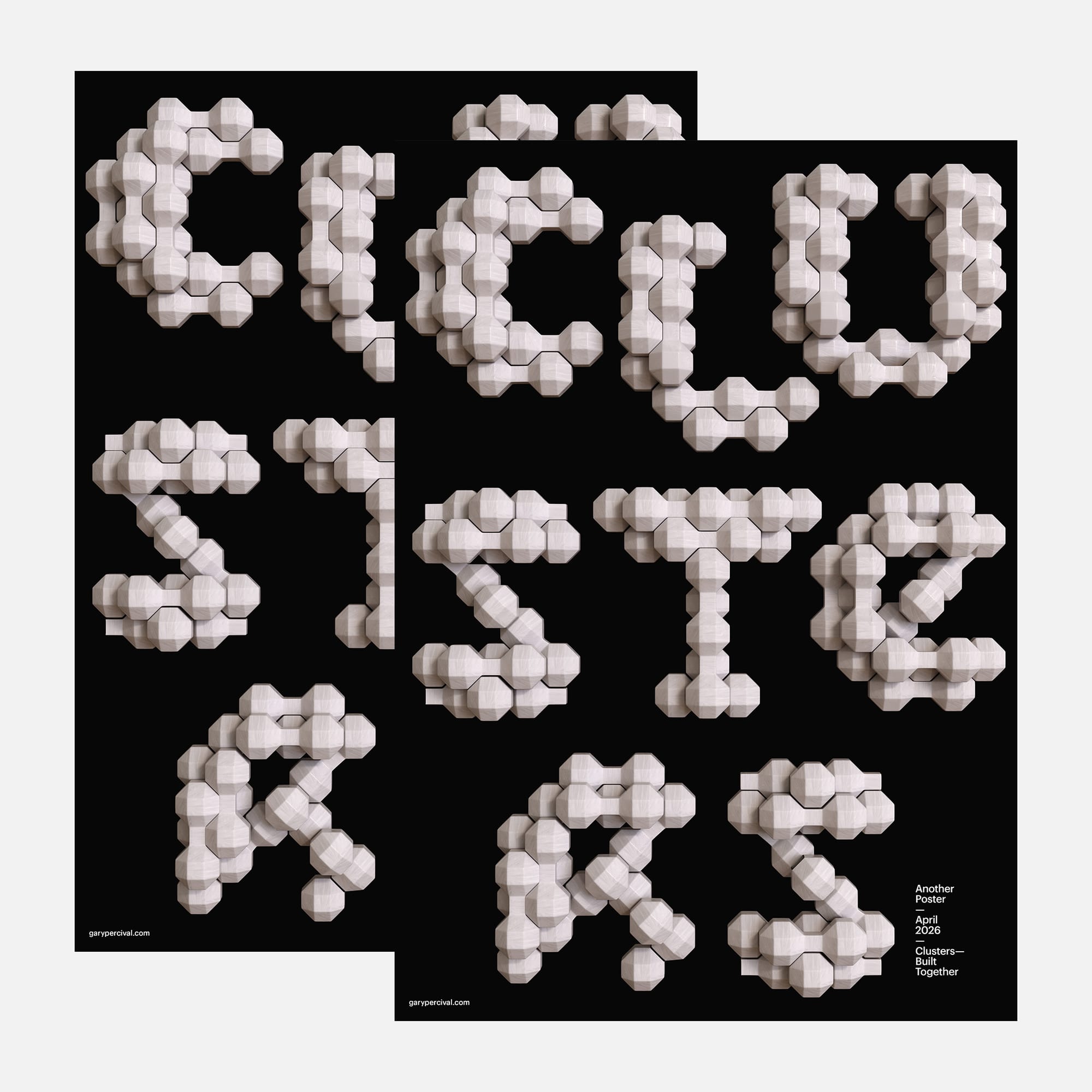 3D typographic poster spelling CLUSTERS in white modular geometric forms against a black background · 'Built Together' subtitle