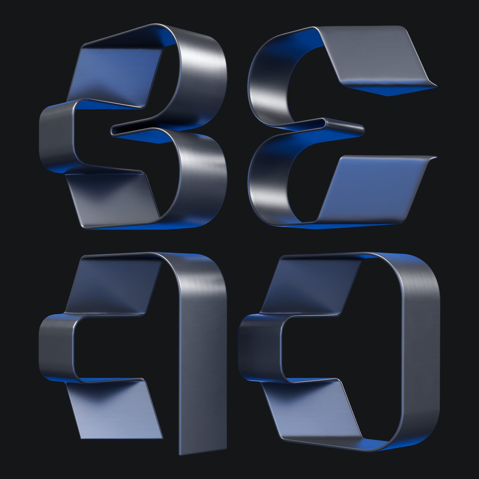 3D typographic poster built from a continuous bent metal strip forming letter-like shapes with blue inner surfaces on a dark background.