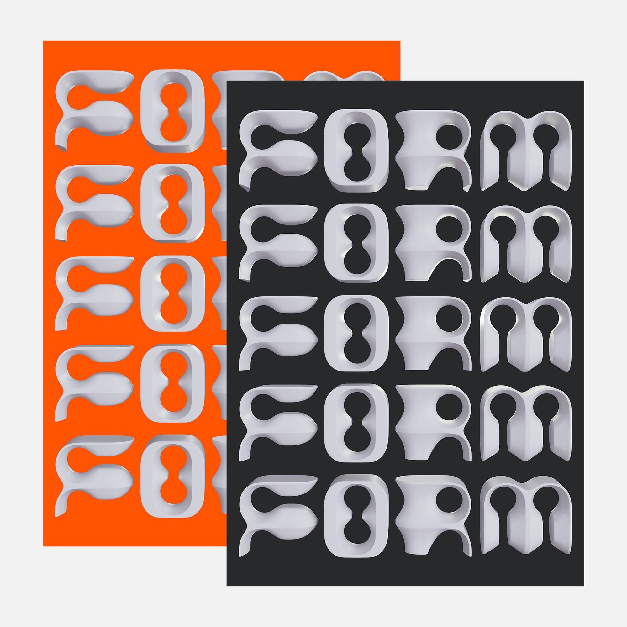 Two FORM posters overlapping 〰 charcoal and orange colourways 〰 near-white 3D letterforms stacked in repeat.