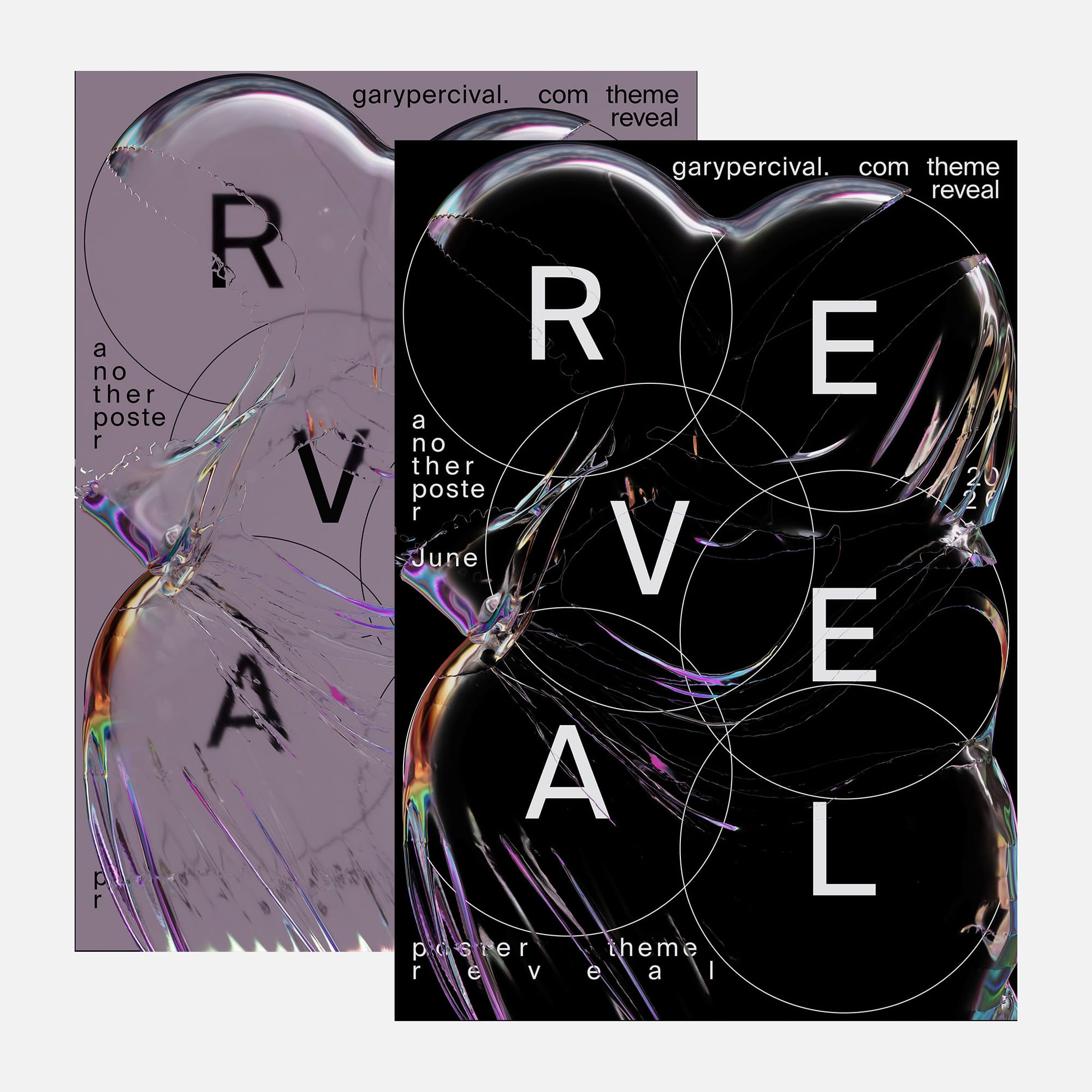 Two REVEAL posters side by side · black version with iridescent soap-film and circle grid · muted lilac variant behind