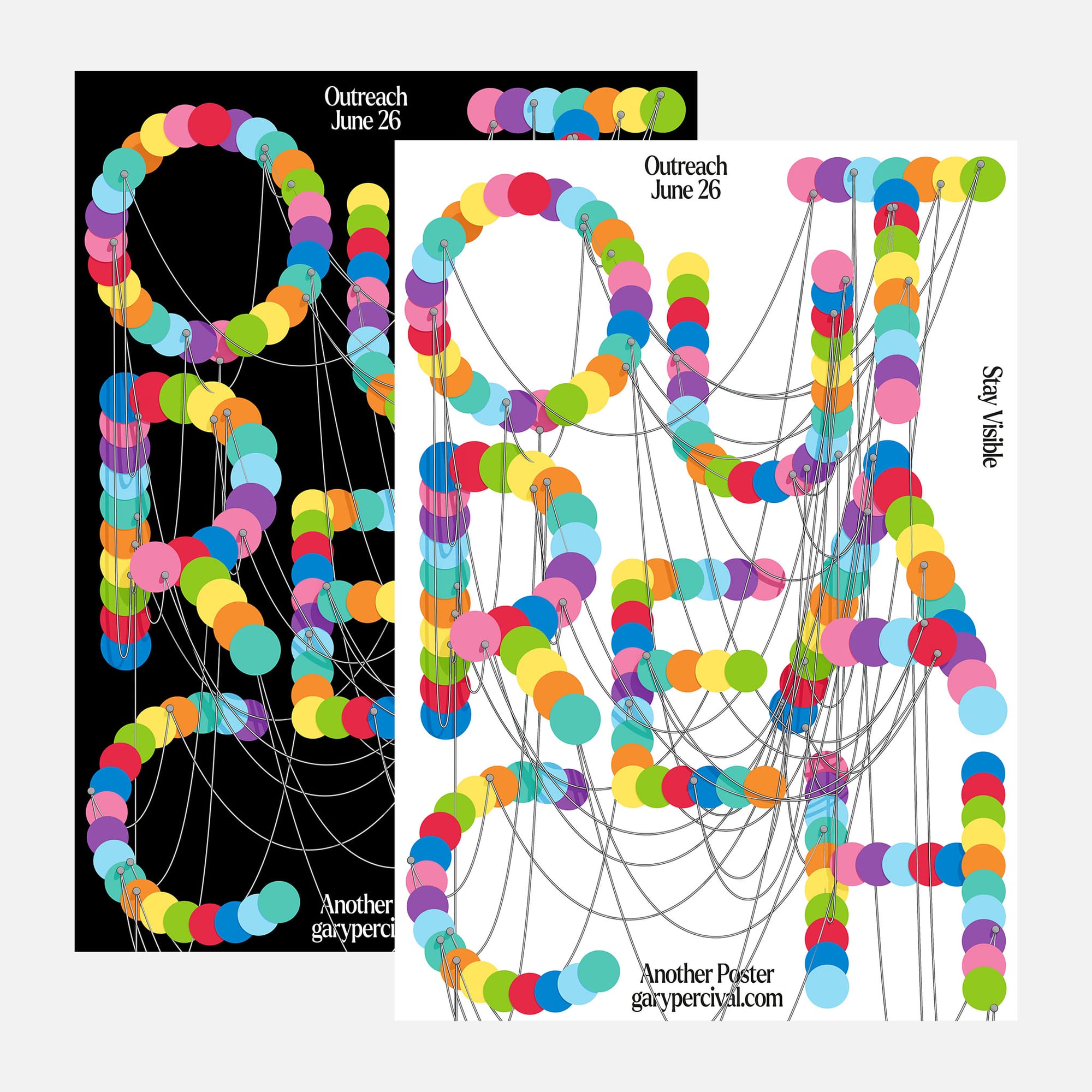 Outreach poster in white and black colourway · circle node letterforms with connecting wire threads