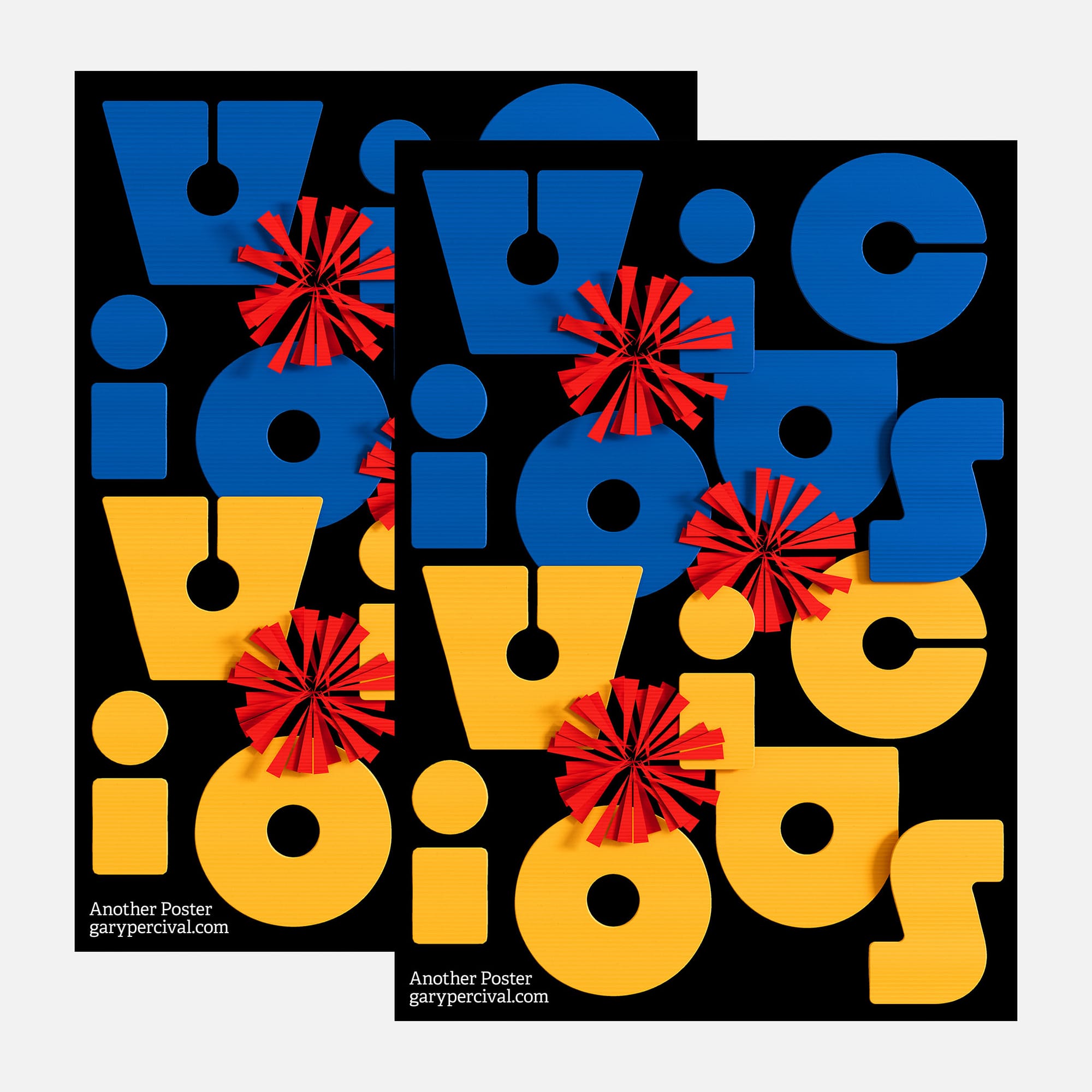 Two Vicious Circles posters stacked, blue and yellow letterforms with red spiked paper discs on black.