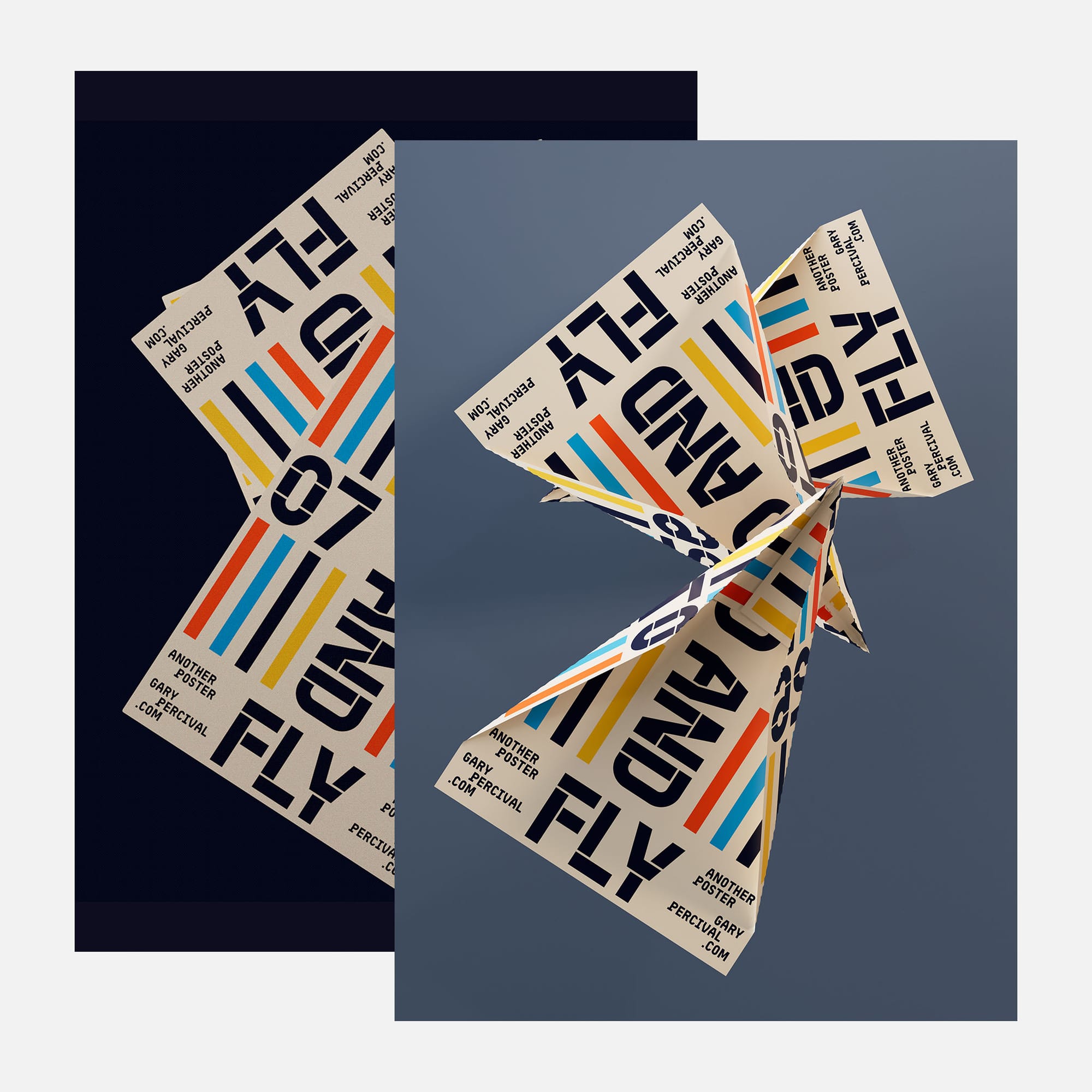 Fold and Fly poster shown flat on navy behind the folded paper plane version on slate blue, both cream with heavy type.
