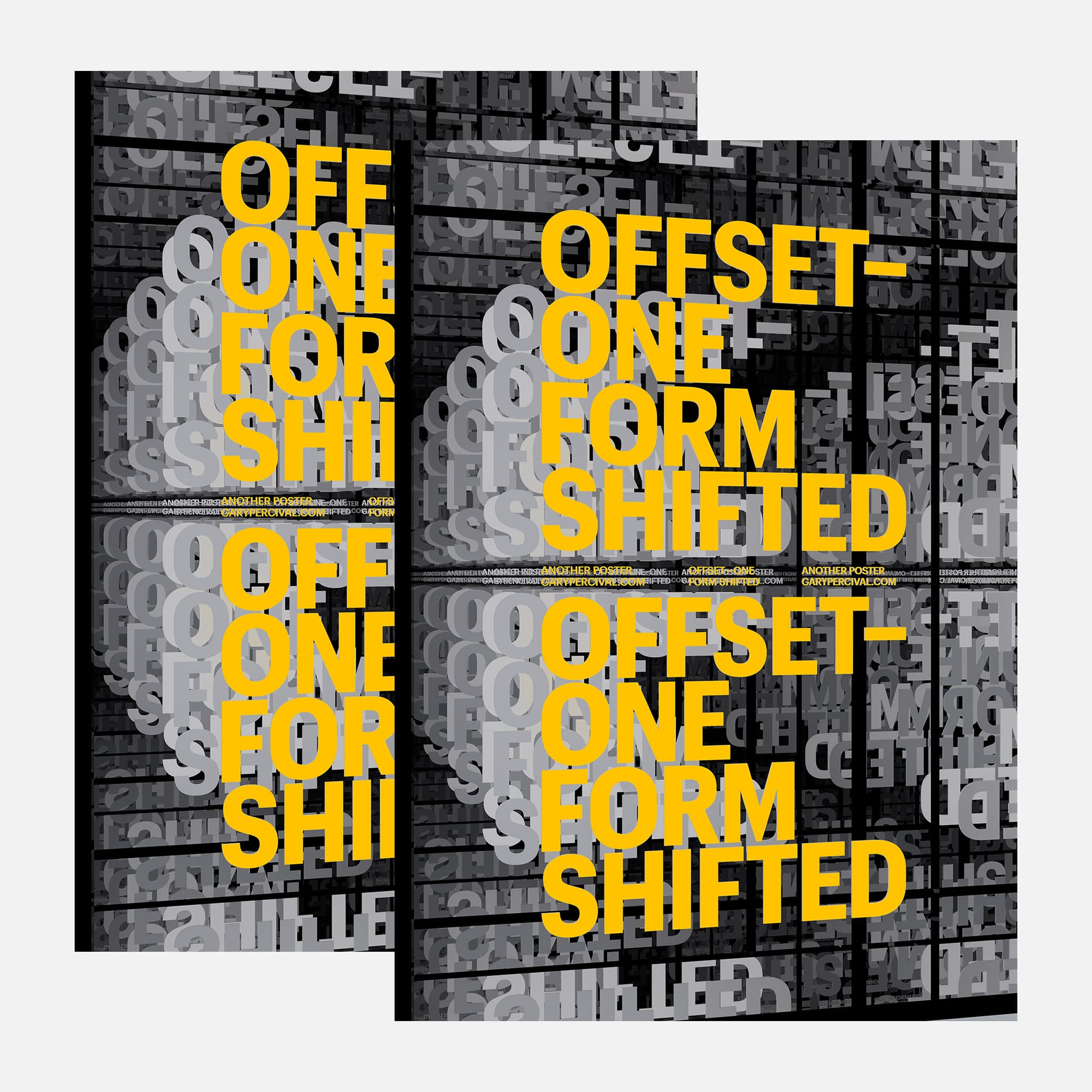 `Two Offset · One Form Shifted posters overlapping, yellow headlines on dense grey 3D letterform grids`