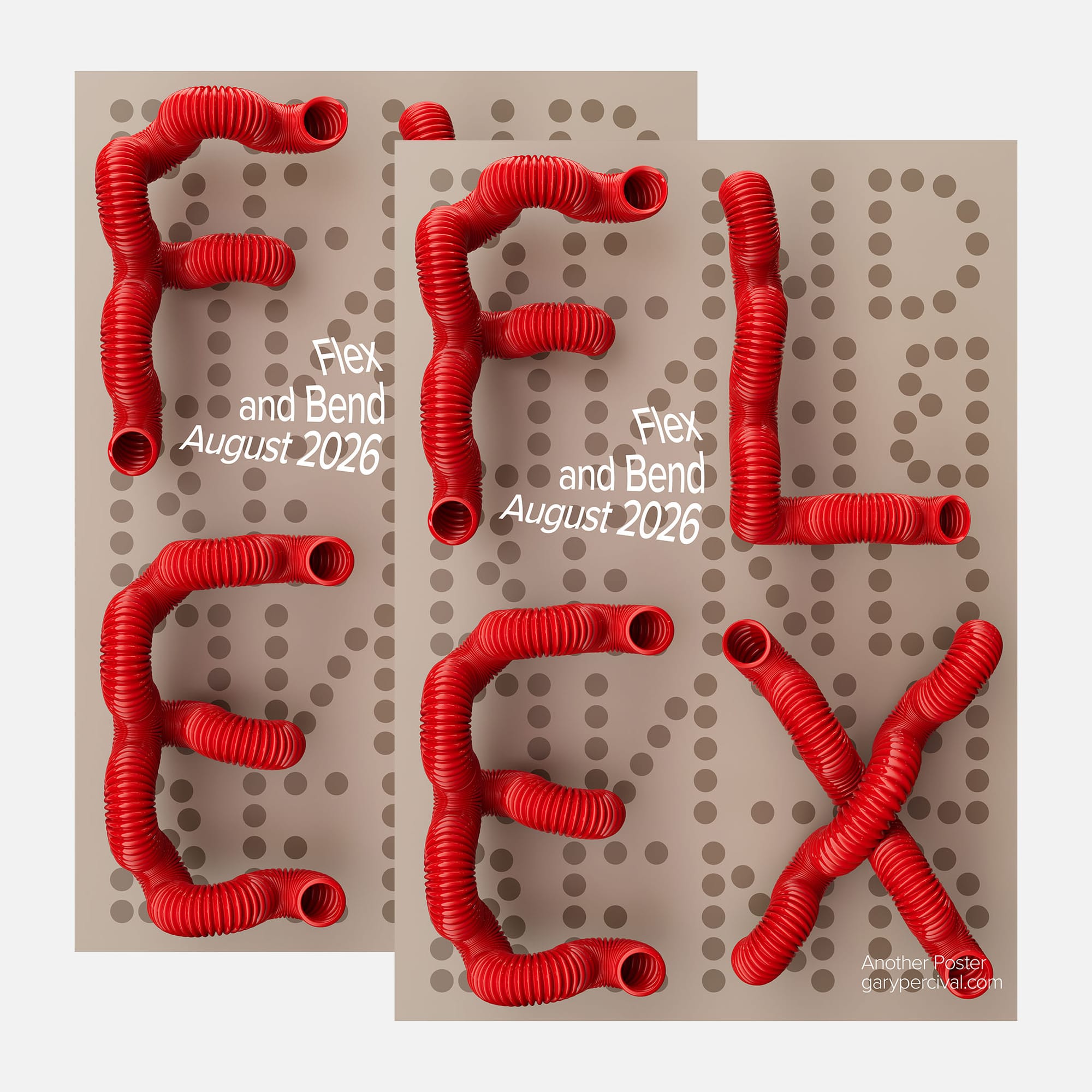 Two Flex and Bend posters overlapped, showing red corrugated tubing FLEX on taupe with BEND dot pattern behind