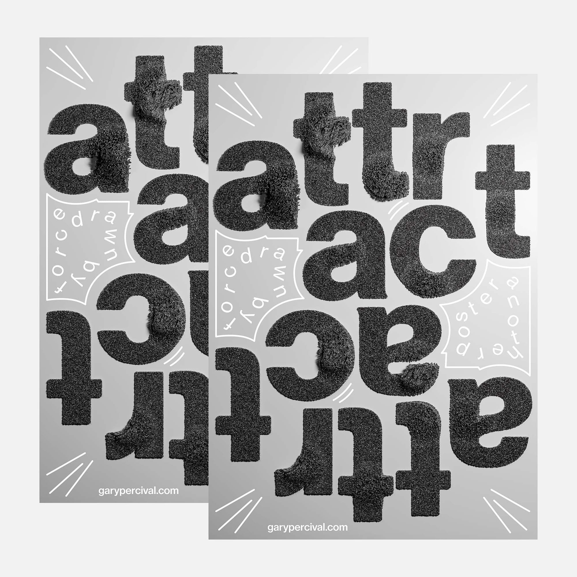 Close crop of Attract poster · dense particle texture on heavy sans letterforms · lit to show grit and depth on silver ground
