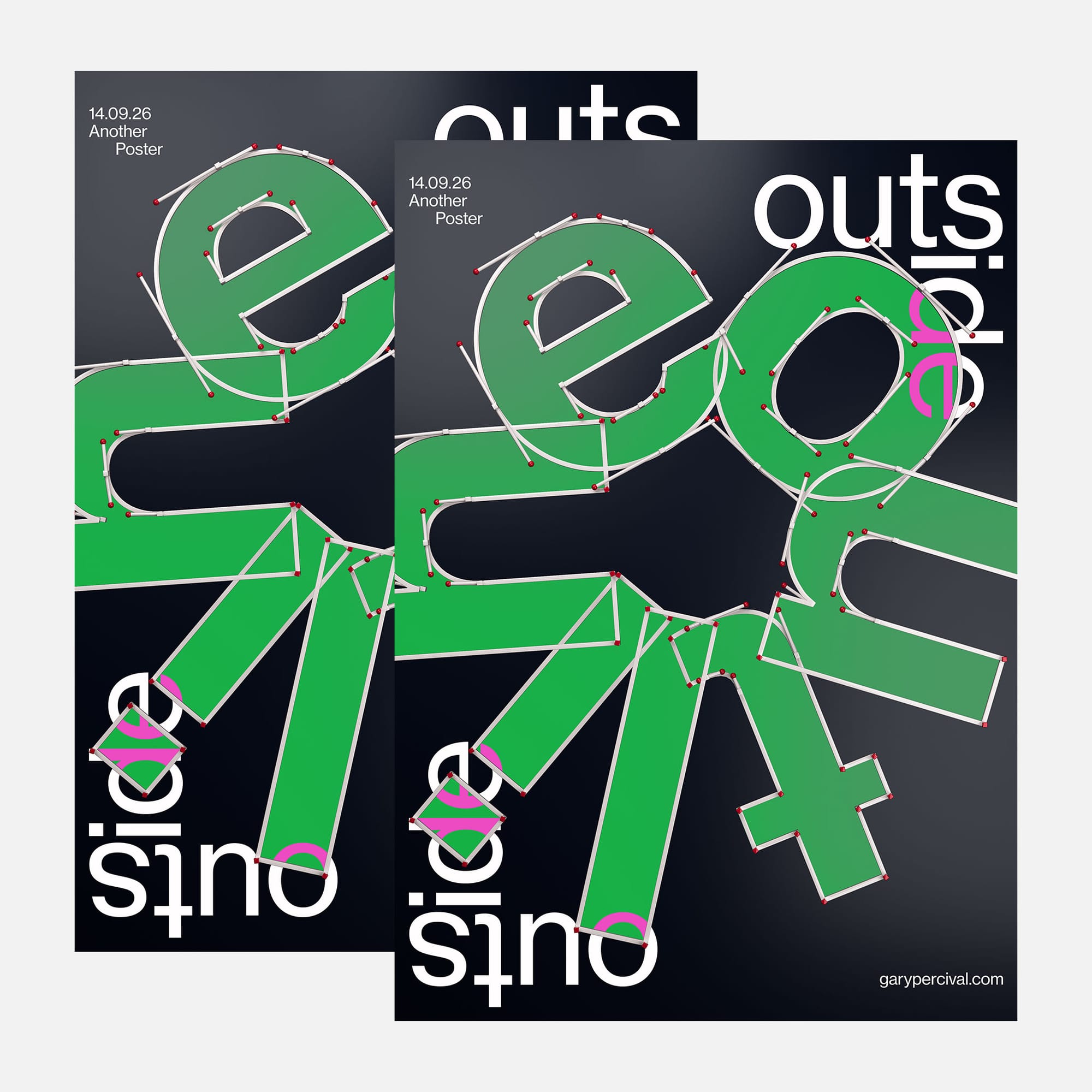 Two copies of the Outline poster overlap on light grey, green letters traced with white paths and red anchor points