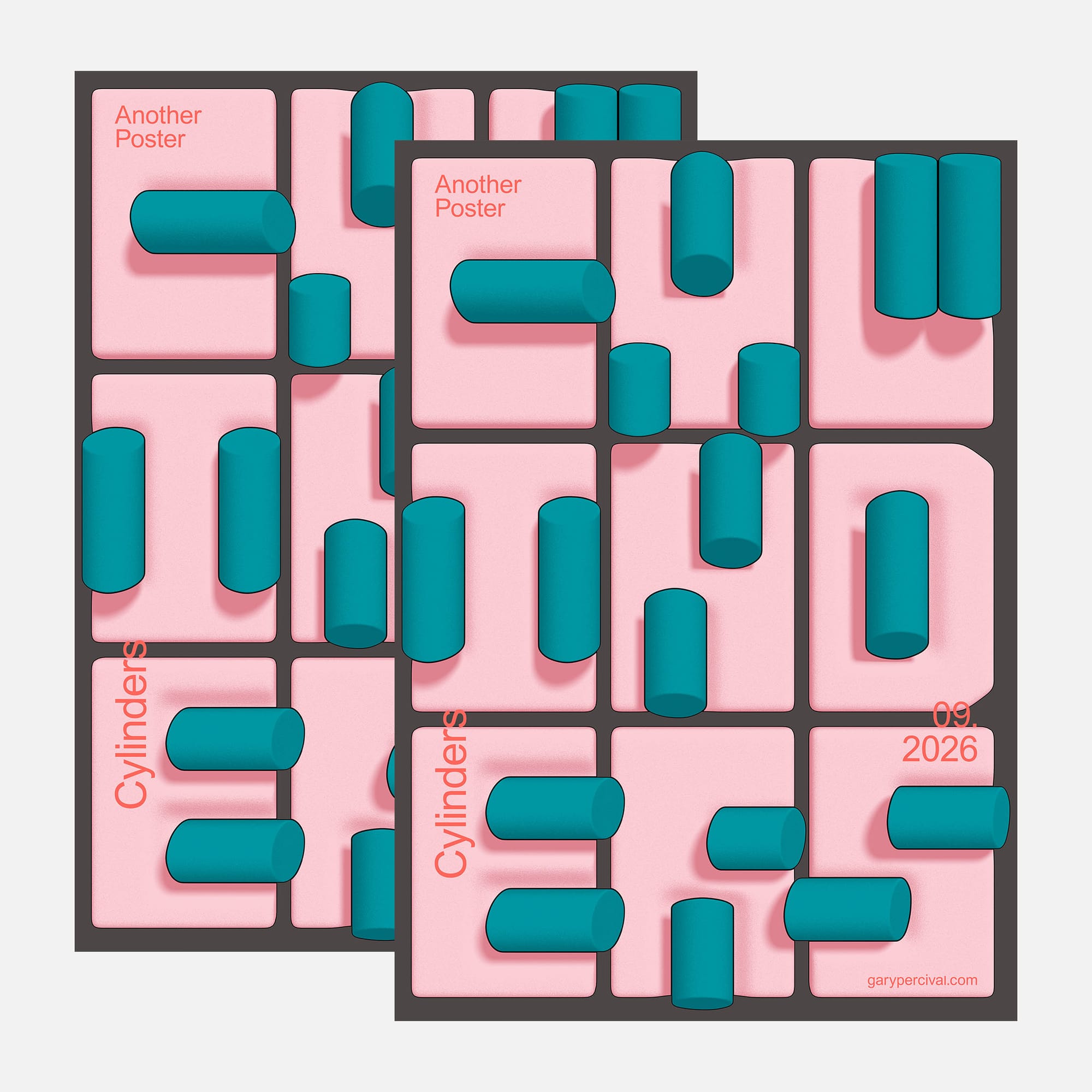 Two overlapping Another Poster prints with pink blocks, teal cylinders and coral text on a dark grey grid