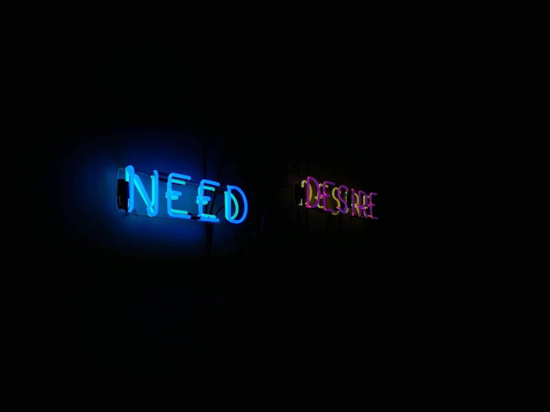 The words "need and desire"  illuminated in neon on a wall.