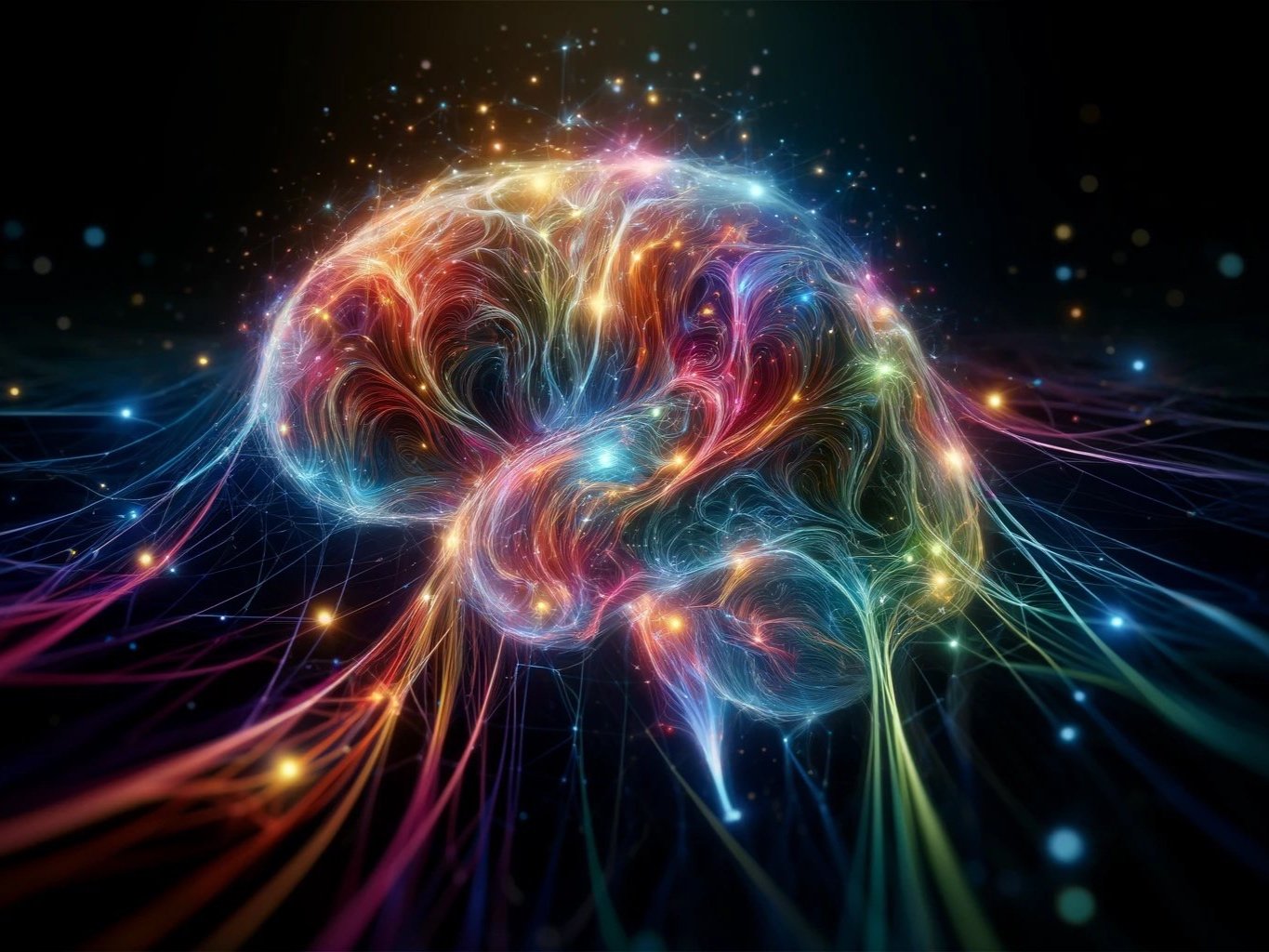 Close-up view of a stylized brain with colorful, glowing neural pathways intertwined against a dark background, representing creative cognition.