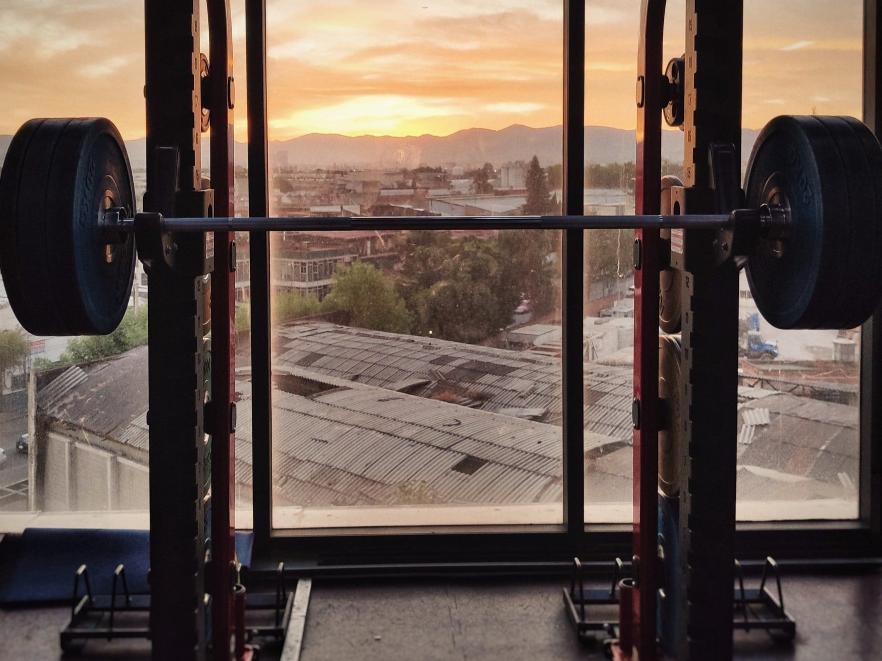 A weighted barbell in front of a window facing the morning sun.