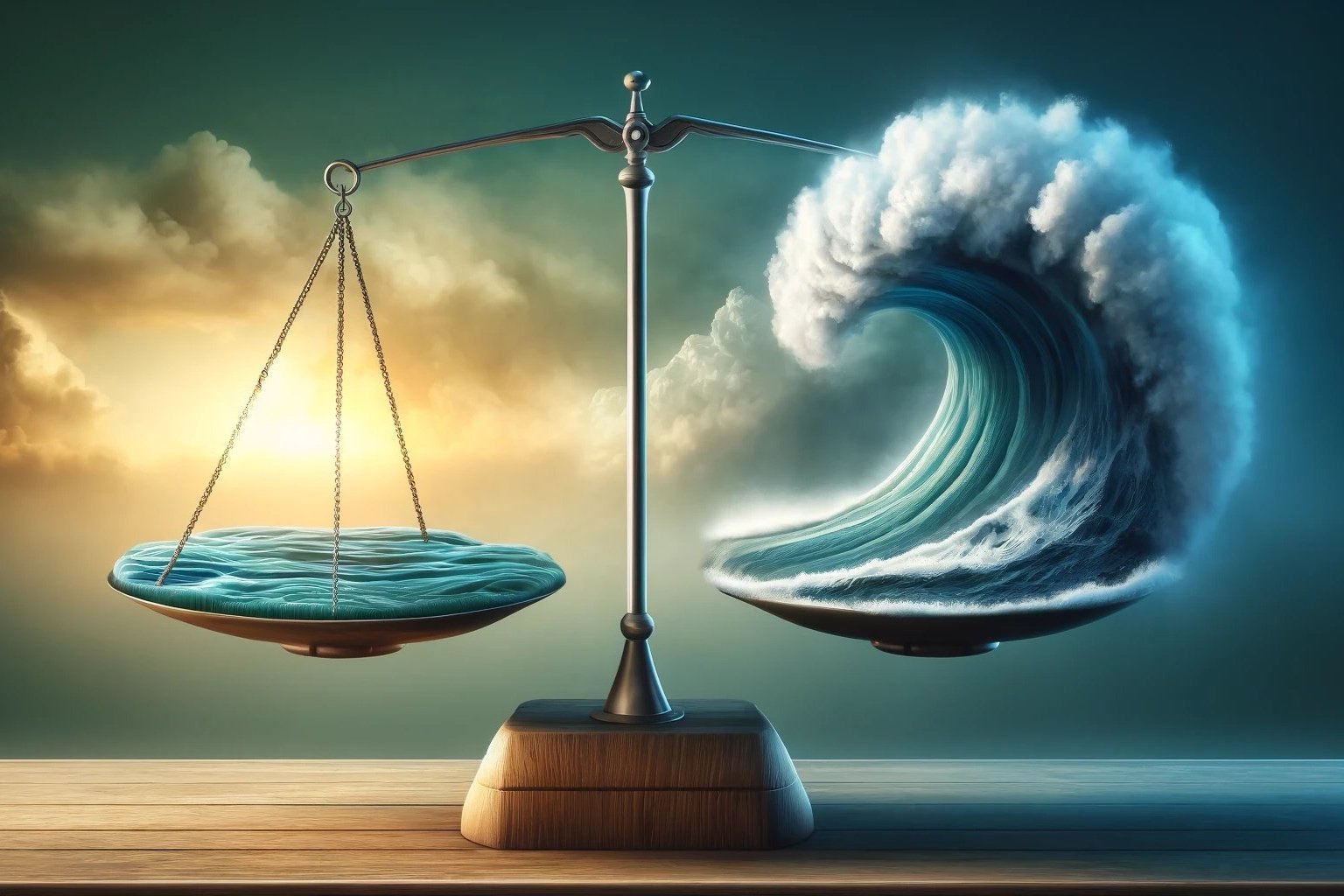 A surreal image of a balanced scale with a calm, rippled water surface on one side and a towering, swirling wave on the other against a dramatic sky, symbolising the contrast between tranquilly and chaos.