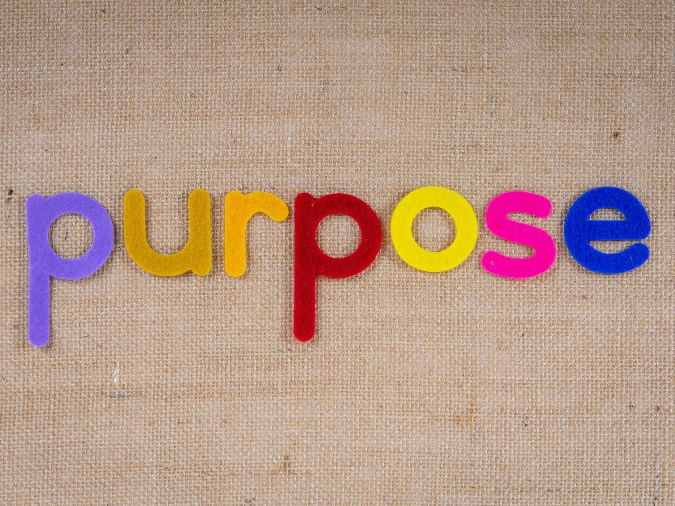 The word "purpose" is written in multi-colored felt letters.