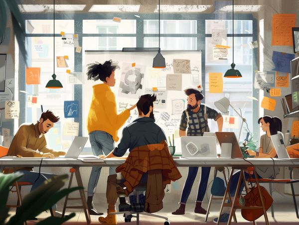 A team of creative professionals thoughtfully discussing and reflecting on completed projects in a well-organized workspace.