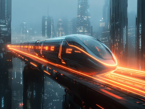 A futuristic train with glowing lights speeds through a foggy cyberpunk city, symbolising adaptability and progress.