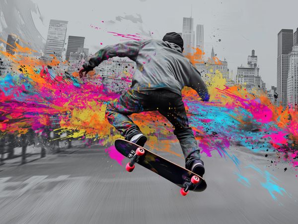 A skateboarder jumps mid-air, leaving a vibrant colour trail in a grayscale city, symbolising creativity and risk-taking.