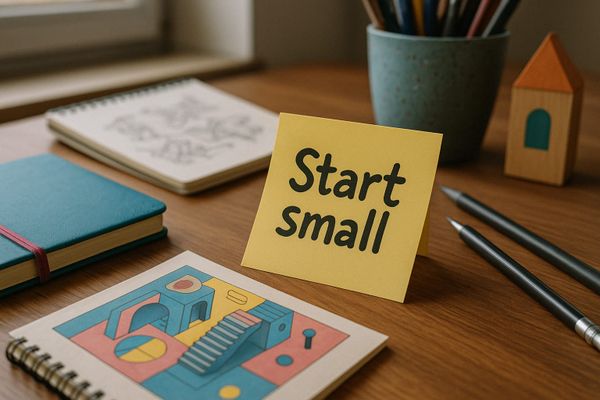Yellow sticky note with “Start small” on a creative desk surrounded by pencils, sketchbooks, and natural light from a window.