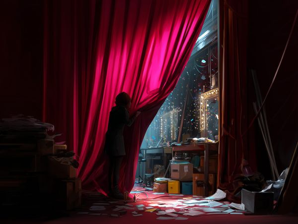 Person pulls back a red curtain to reveal a messy, creative workspace—spotlights hint at the unseen effort behind success. 