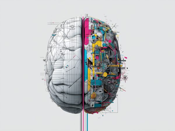 Split brain illustration: left side technical in grayscale, right side colourful and abstract.