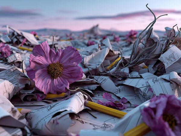 Pink flower blooming from crumpled sketches and pencils—symbolising creativity emerging from failed attempts.