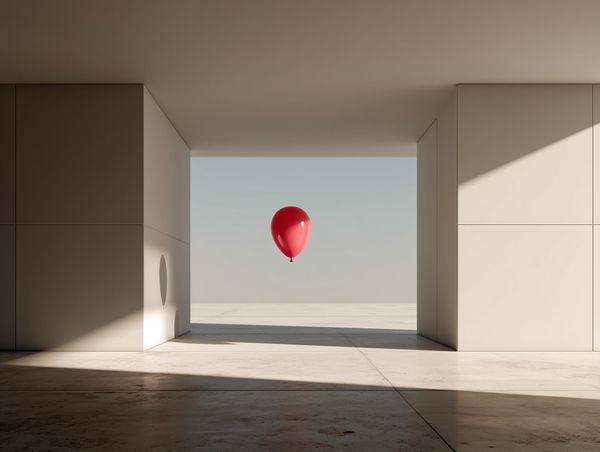 Red balloon floating in a minimal architectural passage, symbolising the allure of pursuit and the pause before chasing.