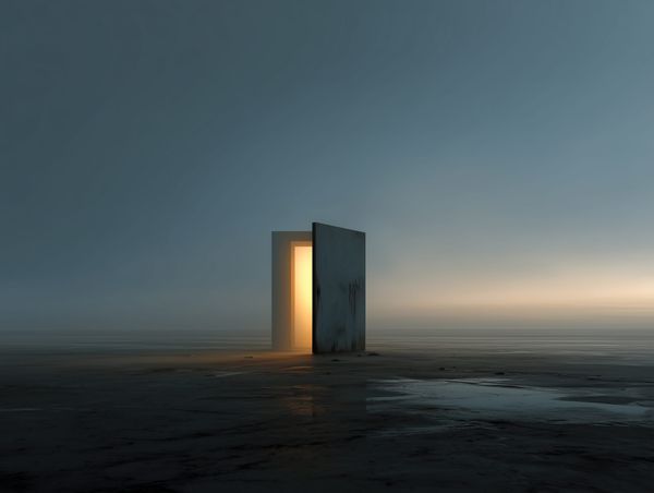 A small, glowing door stands alone in a vast, dark landscape with puddles, suggesting hidden potential and quiet opportunity.