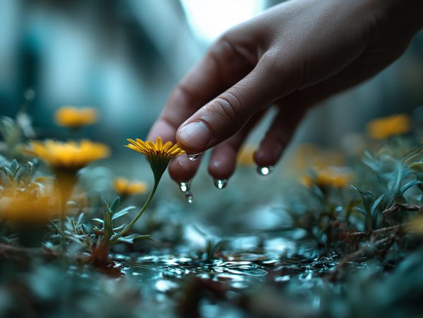 Close-up of a hand gently watering a yellow flower, symbolising creative focus, care, and intention in a cluttered world.