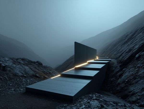 A surreal path of glowing stone steps ascending through a misty mountain valley, symbolising creative momentum and steady progress.