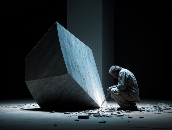 A sculptor chisels a geometric marble block in a spotlight, symbolising creative clarity through intentional reduction.