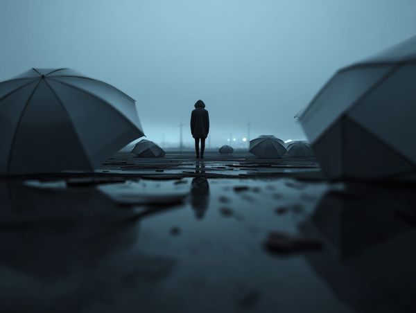 Person standing alone on wet ground, surrounded by scattered umbrellas—symbolising isolation after the crowd disappears.