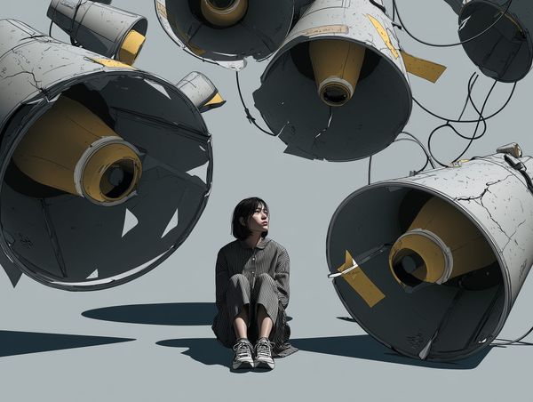 A woman sits calmly beneath cracked, floating megaphones—symbolising imagined judgement and quiet creative defiance.