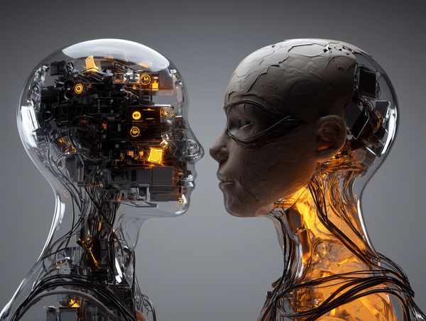 Two human heads—one mechanical, one organic—face each other, symbolising borrowed thinking vs. personal intuition.