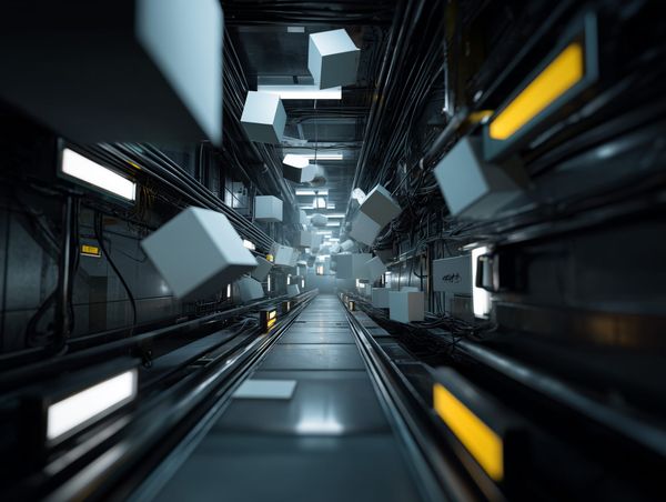 Scattered white cubes on a dark conveyor belt, symbolising disrupted momentum and abandoned creative flow.