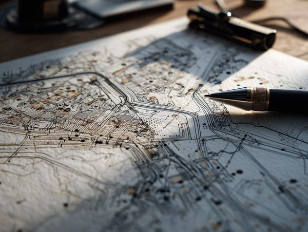 Hand-drawn city map with a pen resting on it, symbolising planning, new directions, and creative redirection