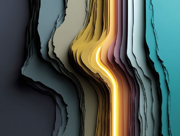 Abstract layered surfaces with glowing golden path, resembling geological strata and flowing energy.