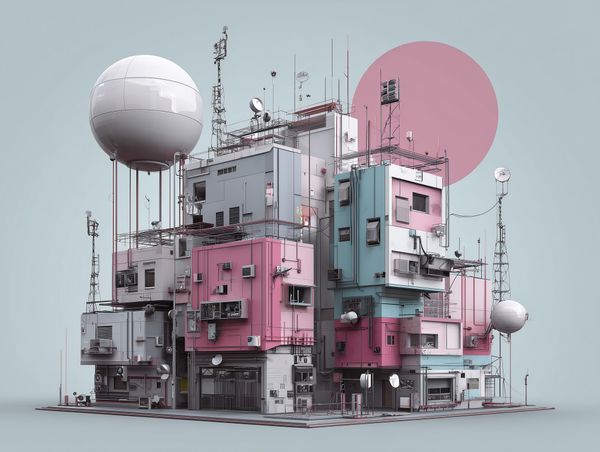 Surreal modular building with antennas and satellite domes, symbolising a creative network listening for shared signals.