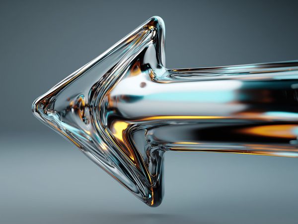 A surreal liquid chrome arrow distorted yet moving forward, symbolising speed, flexibility, and resilience.