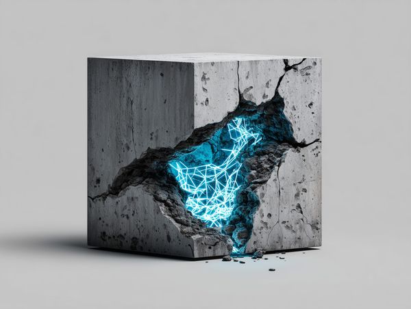 Cracked concrete cube revealing a glowing blue network inside, symbolising hidden creative value within the present.