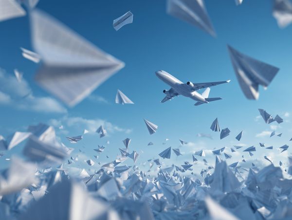 A jet airplane flying through a sky filled with paper airplanes, symbolising creative trials versus polished outcomes.