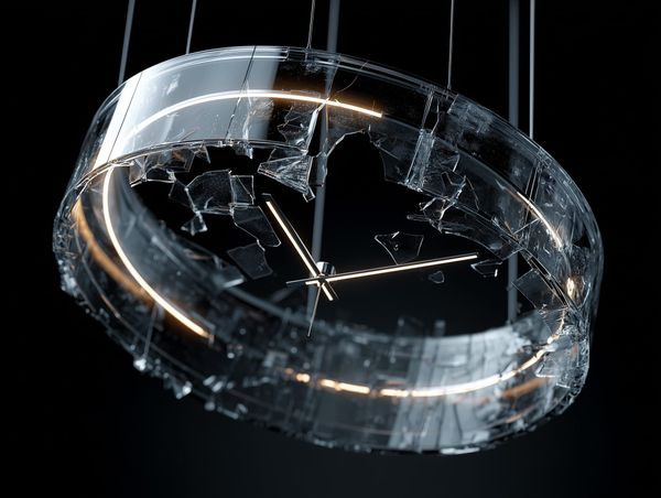 Shattered glass clock glowing with orange light, symbolising how past success can expire and lose relevance.