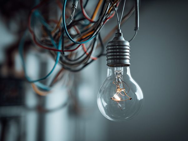 A single illuminated lightbulb surrounded by tangled coloured wires, representing focused creative energy amid chaos.