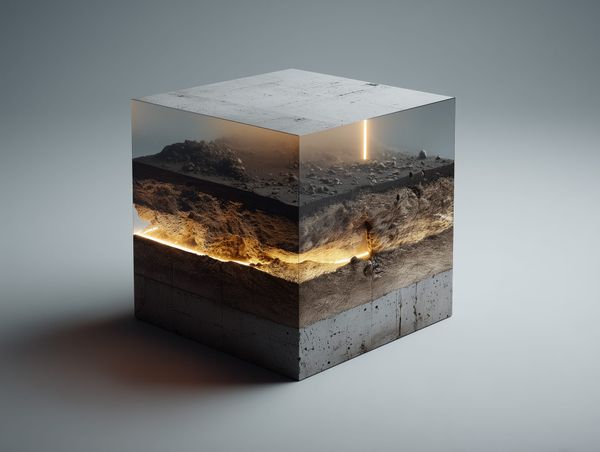 A minimalist concrete cube revealing glowing golden layers beneath the surface, symbolising persistence and hidden progress.