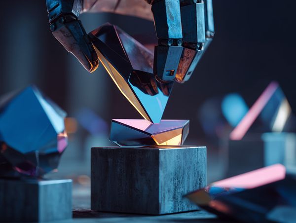 Robotic hand carefully placing a glowing crystal shard on a block, symbolising sharpening focus over juggling chaos.