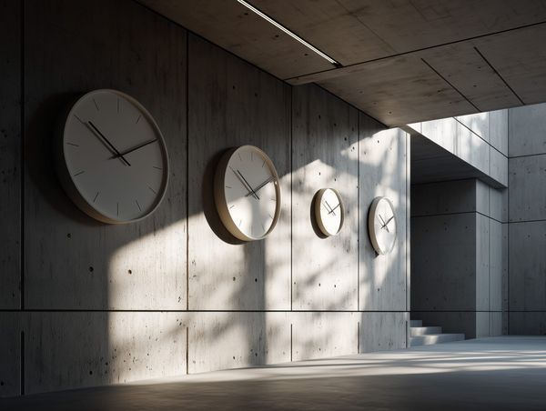 Brutalist concrete interior with multiple wall clocks in soft daylight, symbolising different creative rhythms and pace.