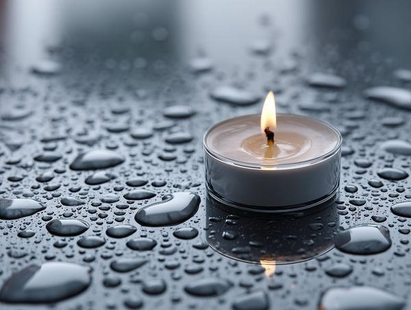 A single lit candle surrounded by raindrops on a dark reflective surface, symbolising creative endurance and calm focus.