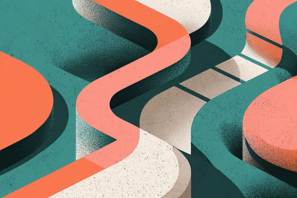 Abstract layered pathways in teal, peach, and cream, showing a flowing route that represents starting, adapting, and steady progress.