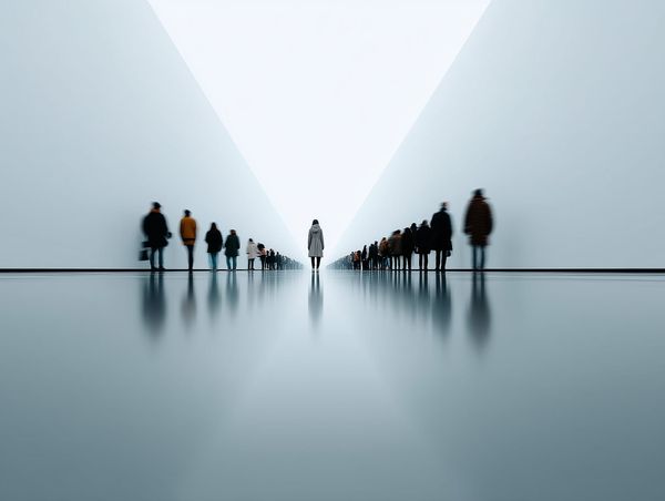 A lone figure stands ahead of a long blurred queue in a bright minimal space, symbolising recognition and early opportunity.