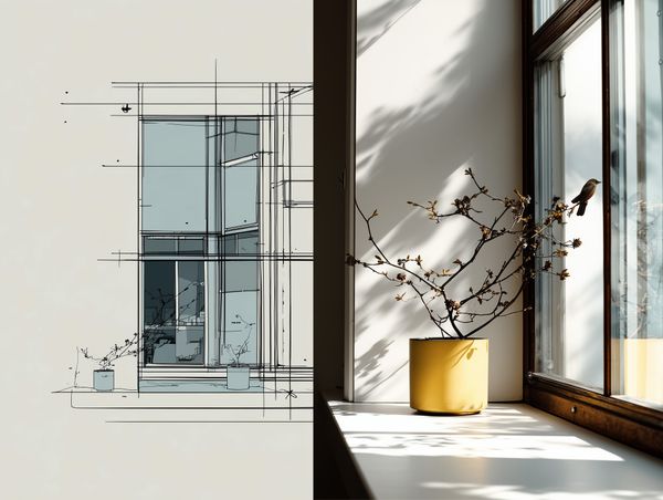 A window split between a technical line drawing and a real sunlit scene with a yellow pot, branches, and a small bird on the ledge.