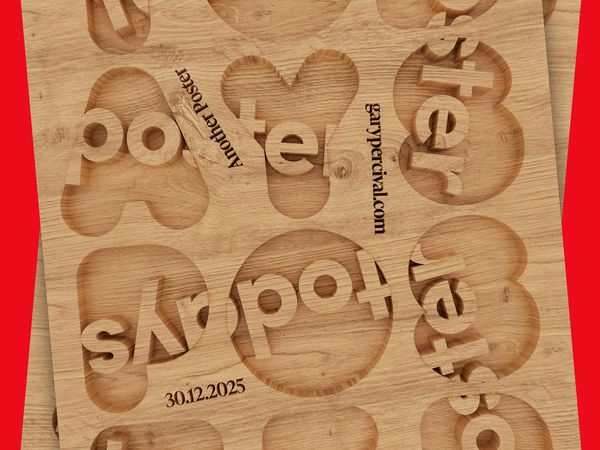 Poster carved into oak sheets with routed letterforms stacked on red background, typographic shapes cut through the wooden plates.